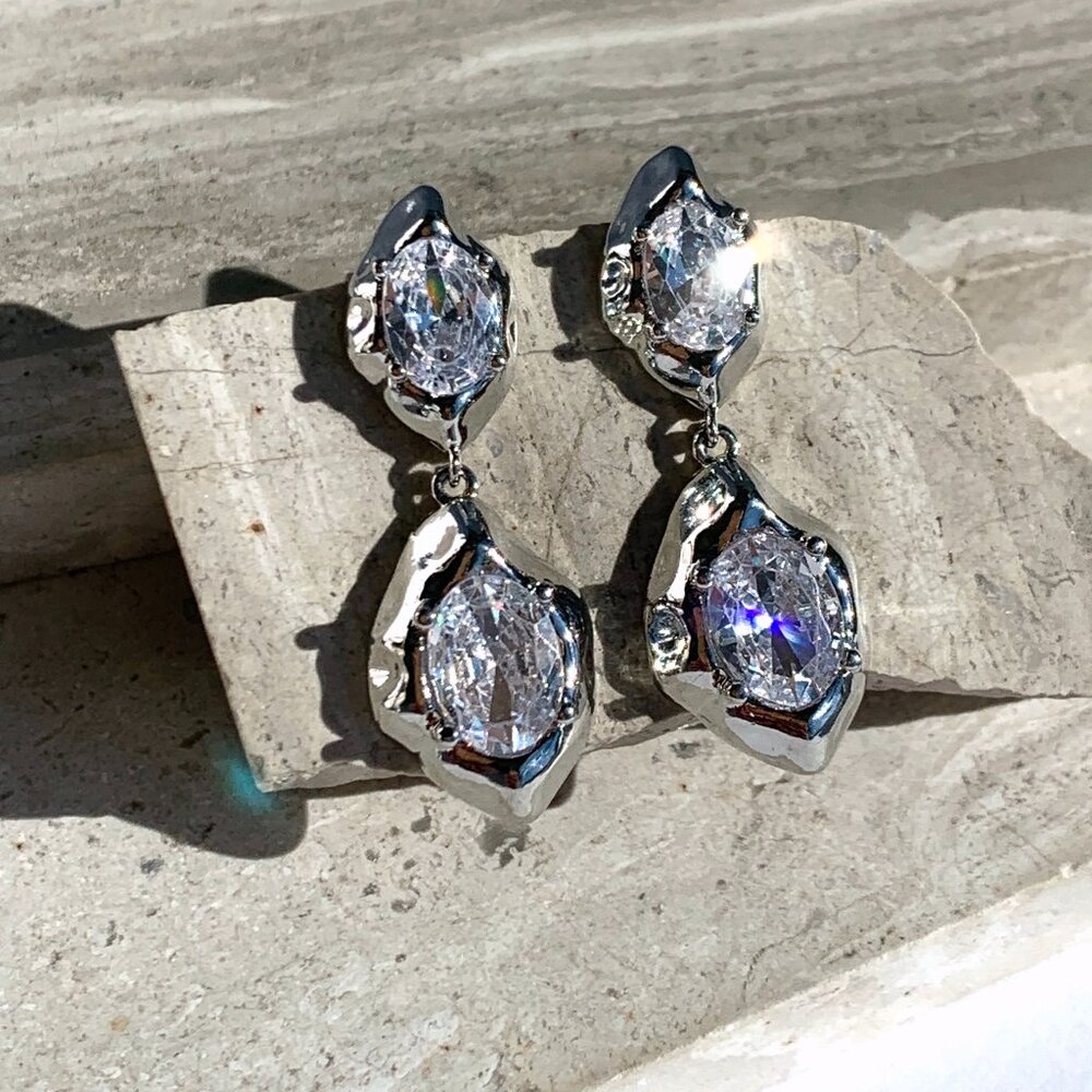 NEW~ Anthropologie Molten Crystal Double Drop Silver Earrings